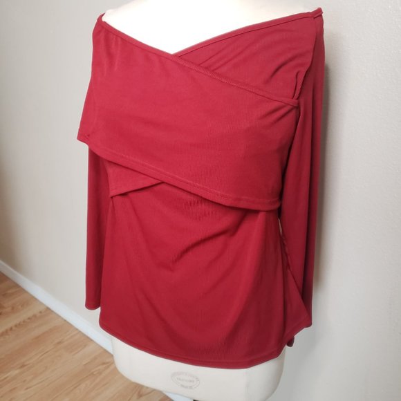 Women's Burgundy Criss Cross On Off Shoulder Top - Picture 4 of 8